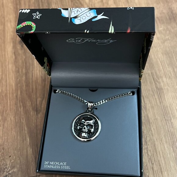 NEW Ed Hardy Skull Pendant Mens Stainless Steel Necklace - Picture 9 of 9